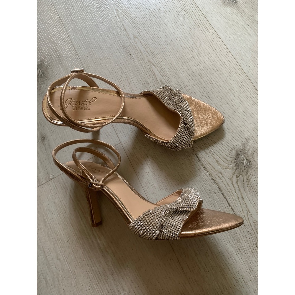 Jewel Badgley Mischka Rose Gold Rhinestone Ankle Strap Stiletto Sandals Size 9